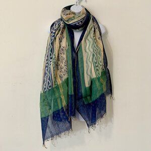 Block Printed Dupatta + Zari Lines Metallic Gold On Blues & Greens Chunni Scarf
